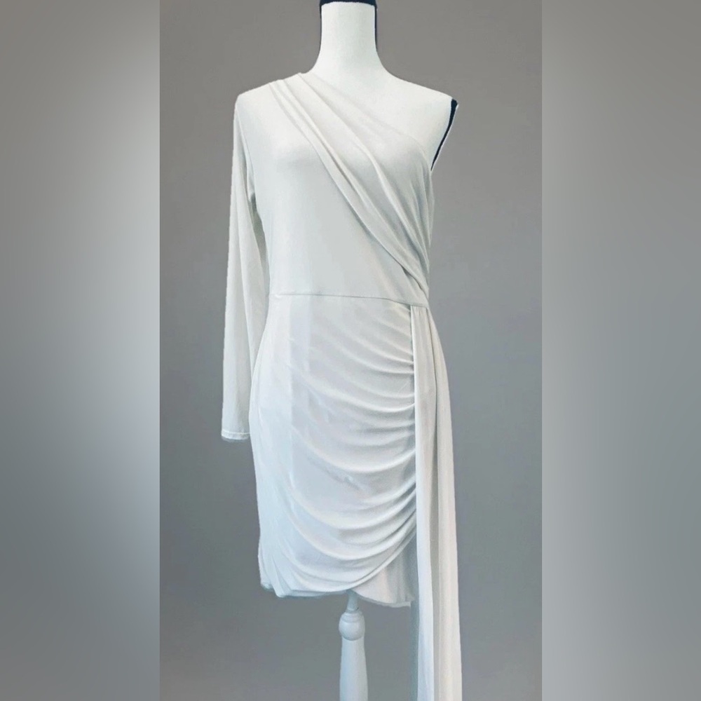 Club L London Claudina ivory one shouldered bodycon asymmetric drape dress sz 12